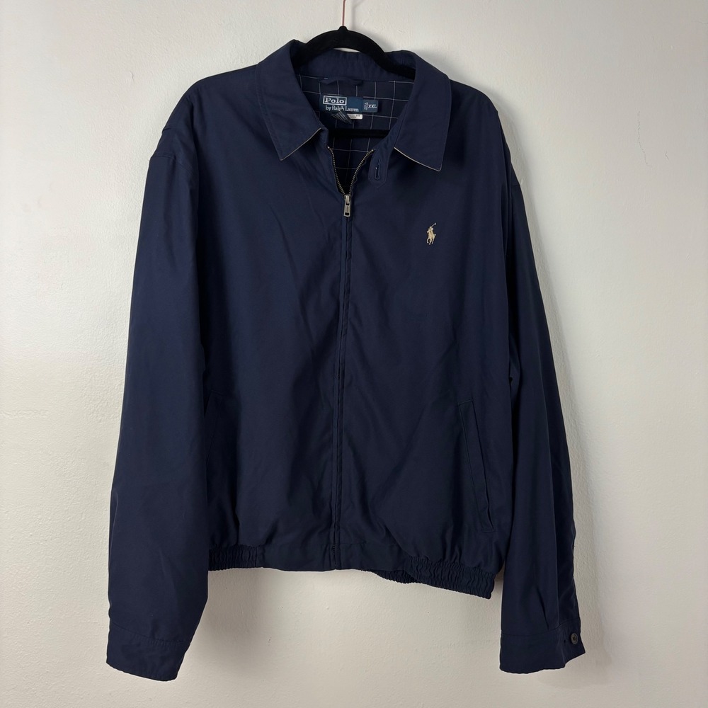 Polo Ralph Lauren XXL Navy Blue Harrington Jacket Pony Windowpane Grid Lining